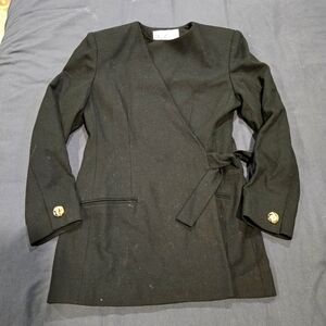 Vintage Oleg Cassini Black 100% Wool Faux Wrap Blazer Jacket Size 6